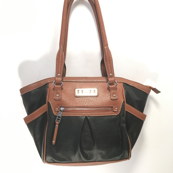 Chaps Handbags - Chaps Laser Cut Black & Brown Faux Leather Tote 